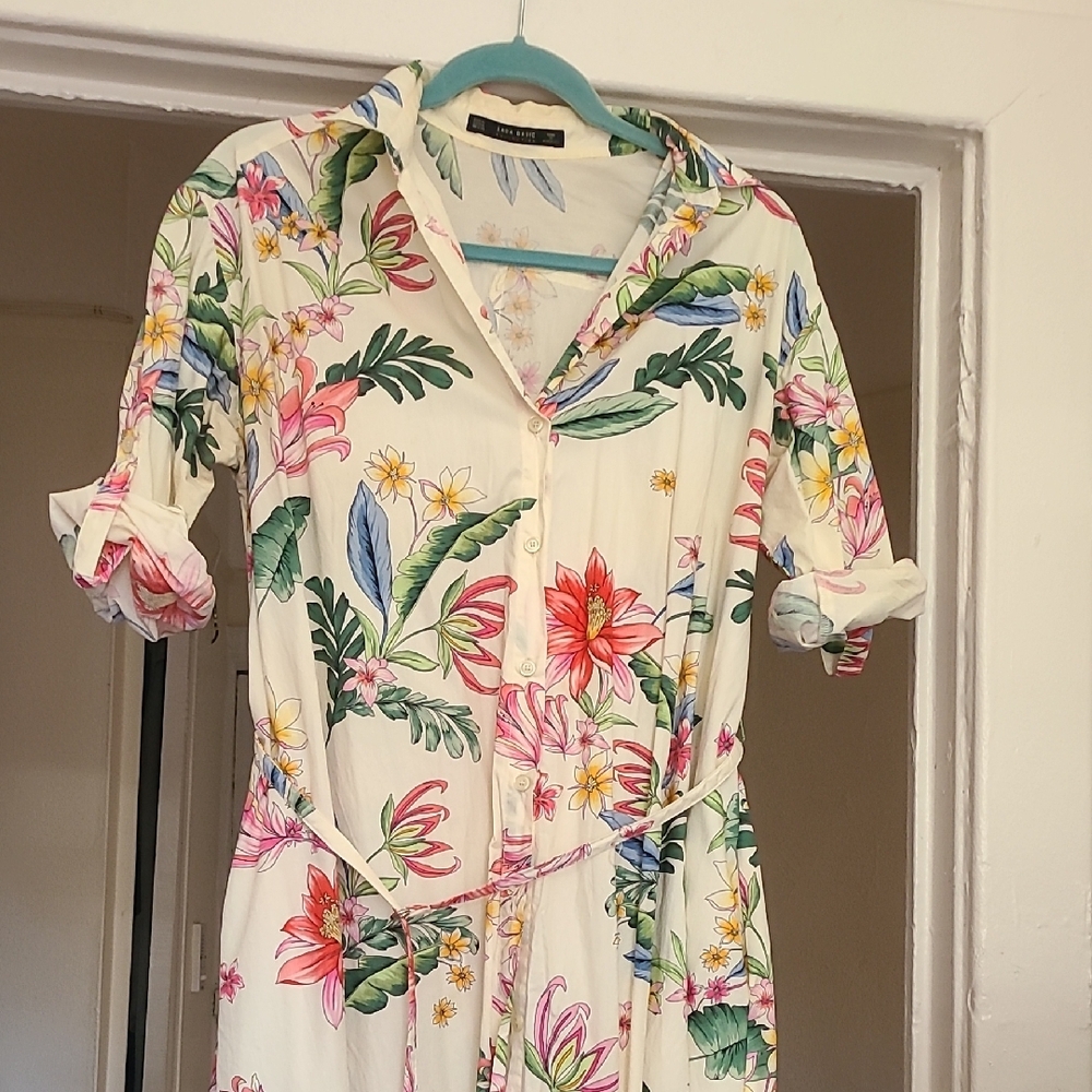 Zara Pink and Green Sundress with Notched Collar
